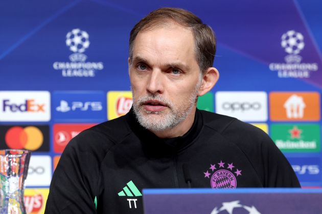 MUNICH, GERMANY - MARCH 04: Thomas Tuchel, Head Coach of FC Bayern Munchen talks to the media during a press conference ahead of their UEFA Champions League Round of 16 second leg match at Allianz Arena on March 04, 2024 in Munich, Germany. (Photo by Alexander Hassenstein/Getty Images)