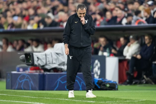 MUNICH, GERMANY - MARCH 05: Maurizio Sarri, Head coach of SS Lazio reacts during the UEFA Champions League 2023/24 round of 16 second leg match between FC Bayern München and SS Lazio at Allianz Arena on March 05, 2024 in Munich, Germany. (Photo by Christian Kaspar-Bartke/Getty Images)