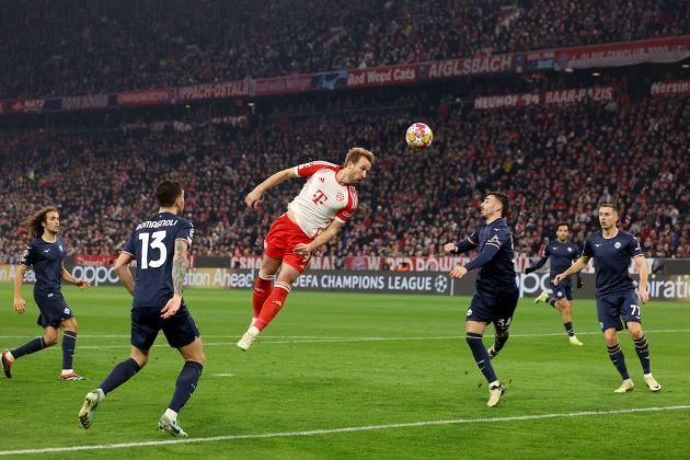 MUNICH, GERMANY - MARCH 05: Harry Kane of Bayern Munich shoots with a header during the UEFA Champions League 2023/24 round of 16 second leg match between FC Bayern München and SS Lazio at Allianz Arena on March 05, 2024 in Munich, Germany. (Photo by Alexander Hassenstein/Getty Images)