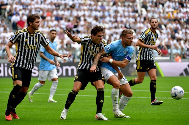 TURIN, ITALY - SEPTEMBER 16: Ciro Immobile of SS Lazio compete for the ball with Federico Chiesa of Juventus during the Serie A TIM match between Juventus and SS Lazio at Allianz stadium Juventus on September 16, 2023 in Turin, Italy. (Photo by Marco Rosi - SS Lazio/Getty Images)