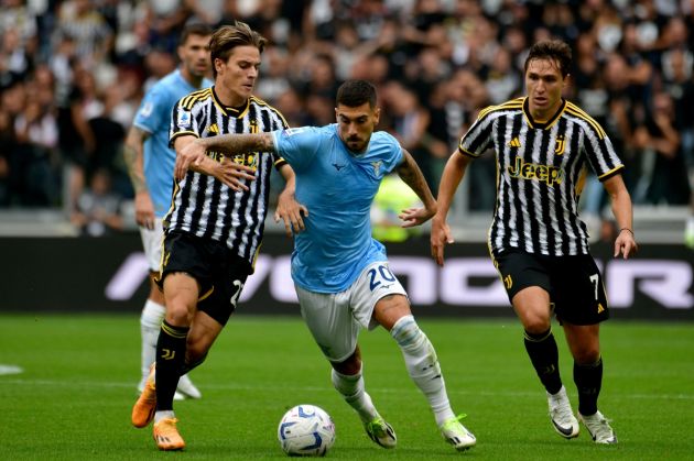 TURIN, ITALY - SEPTEMBER 16: Mattia Zaccagni of SS Lazio compete for the ball withNicolò FagioliAdrien Rabiot of Juventus during the Serie A TIM match between Juventus and SS Lazio at Allianz stadium Juventus on September 16, 2023 in Turin, Italy. (Photo by Marco Rosi - SS Lazio/Getty Images)