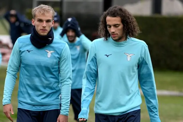 ROME, ITALY - NOVEMBER 27: Gustav Isaksen and Matteo Guendouzi of SS Lazio during a training session, ahead of their UEFA Champions League group E match between SS Lazio and Celtic, at Formello sport centre with press conference at Stadio Olimpico on November 27, 2023 in Rome, Italy. (Photo by Marco Rosi - SS Lazio/Getty Images)