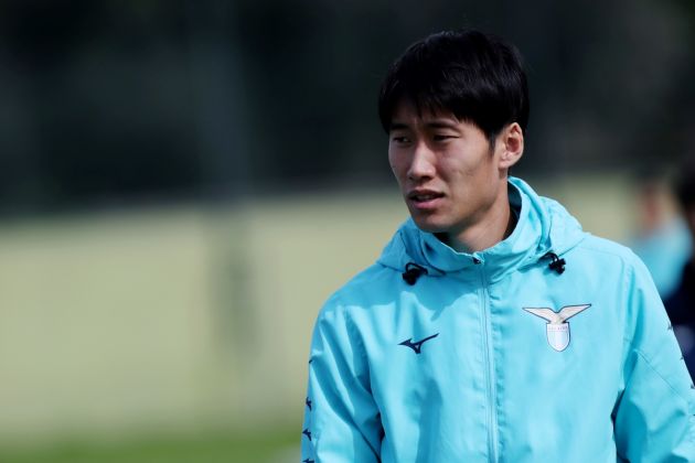ROME, ITALY - MARCH 04: Daichi Kamada looks on during SS Lazio training session and press conference before the UEFA Champions League match against FC Bayern München at Formello sport centre on March 04, 2024 in Rome, Italy. (Photo by Paolo Bruno/Getty Images)