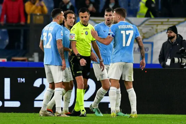 ROME, ITALY - MARCH 01: SS Lazio player reacts against to the refereee Marco Di Bello during the Serie A TIM match between SS Lazio and AC Milan Serie A TIM at Stadio Olimpico on March 01, 2024 in Rome, Italy. (Photo by Marco Rosi - SS Lazio/Getty Images)