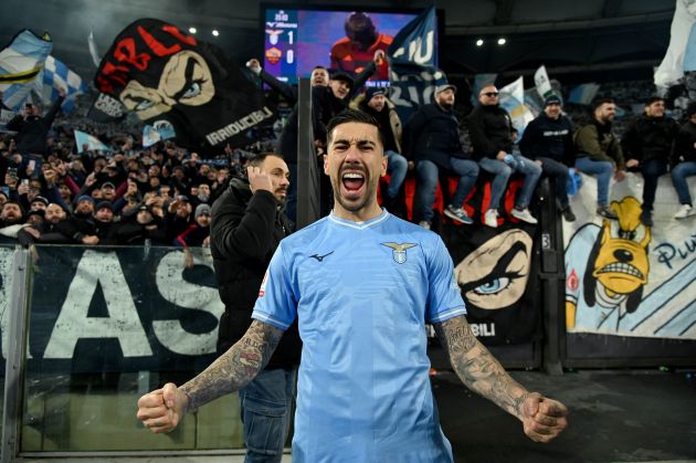 ROME, ITALY - JANUARY 10: Mattia Zaccagni of SS Lazio celebrates a victory after the Coppa Italia match between SS Lazio and AS Roma at Stadio Olimpico on January 10, 2024 in Rome, Italy. (Photo by Marco Rosi - SS Lazio/Getty Images)