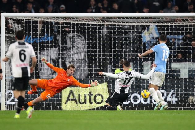 ROME, ITALY - MARCH 11: Ivan Provedel of SS Lazio fails to save as Lorenzo Lucca of Udinese Calcio scores his team's first goal during the Serie A TIM match between SS Lazio and Udinese Calcio - Serie A TIM at Stadio Olimpico on March 11, 2024 in Rome, Italy. (Photo by Paolo Bruno/Getty Images)