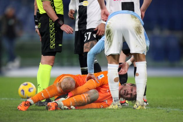 ROME, ITALY - MARCH 11: Ivan Provedel of SS Lazio goes down injured during the Serie A TIM match between SS Lazio and Udinese Calcio - Serie A TIM at Stadio Olimpico on March 11, 2024 in Rome, Italy. (Photo by Paolo Bruno/Getty Images)