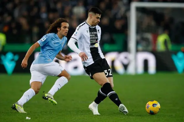 UDINE, ITALY - JANUARY 07: Martin Payero of Udinese passes the ball during the Serie A TIM match between Udinese Calcio and SS Lazio at Bluenergy Stadium on January 07, 2024 in Udine, Italy. (Photo by Timothy Rogers/Getty Images)