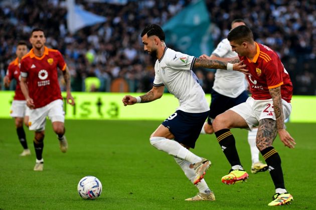 ROME, ITALY - APRIL 06: Valentin Castellanos of SS Lazio compete for the ball with Gianluca Mancini of AS Roma during the Serie A TIM match between AS Roma and SS Lazio - Serie A TIM at Stadio Olimpico on April 06, 2024 in Rome, Italy. (Photo by Marco Rosi - SS Lazio/Getty Images)