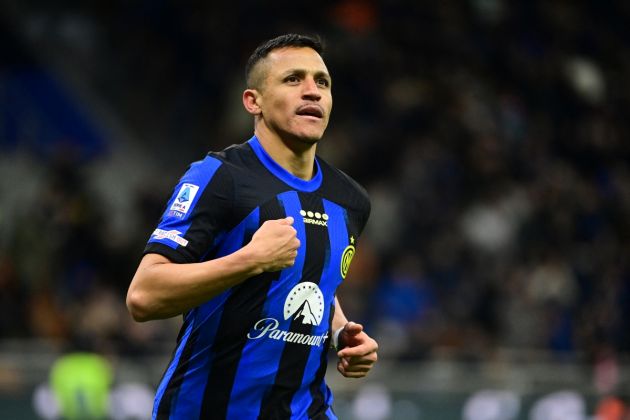 Inter forward Alexis Sanchez celebrates after scoring the team second goal during the Italian Serie A football match between Inter Milan and Empoli in Milan, on April 1, 2024. (Photo by Piero CRUCIATTI / AFP) (Photo by PIERO CRUCIATTI/AFP via Getty Images)