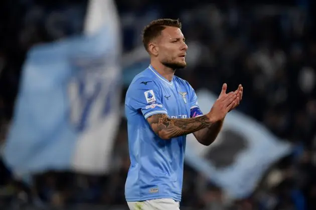 Lazio forward Ciro Immobile celebrates at the end of the Italian Serie A football match between Lazio and Juventus at the Olympic stadium in Rome, on March 30, 2024. (Photo by Filippo MONTEFORTE / AFP) (Photo by FILIPPO MONTEFORTE/AFP via Getty Images)