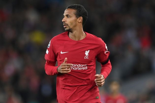 LIVERPOOL, ENGLAND - SEPTEMBER 13: Liverpool player Joel Matip in action during the UEFA Champions League group A match between Liverpool FC and AFC Ajax at Anfield on September 13, 2022 in Liverpool, England. (Photo by Stu Forster/Getty Images)