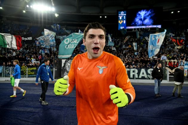ROME, ITALY - APRIL 27: Christos Mandas of SS Lazio celebrates a vitory after the Serie A TIM match between SS Lazio and Hellas Verona FC at Stadio Olimpico on April 27, 2024 in Rome, Italy. (Photo by Marco Rosi/Getty Images)