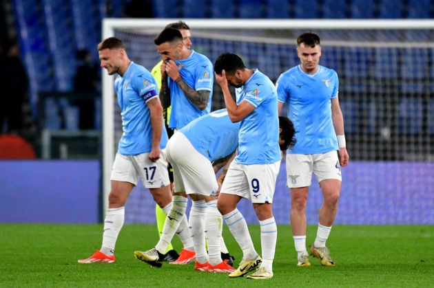 ROME, ITALY - APRIL 23: SS Lazio player react after the Coppa Italia Semi-final Second Leg match between SS Lazio and Juventus FC at Stadio Olimpico on April 23, 2024 in Rome, Italy. (Photo by Marco Rosi - SS Lazio/Getty Images)