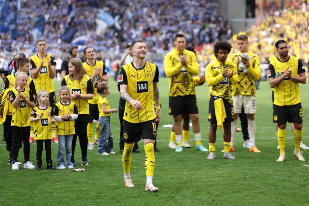 DORTMUND, GERMANY - MAY 18: Marco Reus of Borussia Dortmund reacts following his final game for Borussia Dortmund in the Bundesliga after the team's victory in the Bundesliga match between Borussia Dortmund and SV Darmstadt 98 at Signal Iduna Park on May 18, 2024 in Dortmund, Germany. (Photo by Dean Mouhtaropoulos/Getty Images)