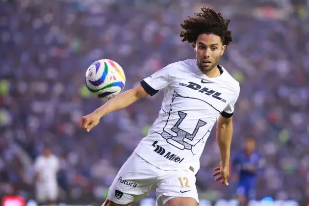 MEXICO CITY, MEXICO - MAY 12: Cesar Huerta of Pumas UNAM runs with the ball during the quarterfinals second leg match between Cruz Azul and Pumas UNAM as part of the Torneo Clausura 2024 Liga MX at Estadio Ciudad de los Deportes on May 12, 2024 in Mexico City, Mexico. (Photo by Hector Vivas/Getty Images)