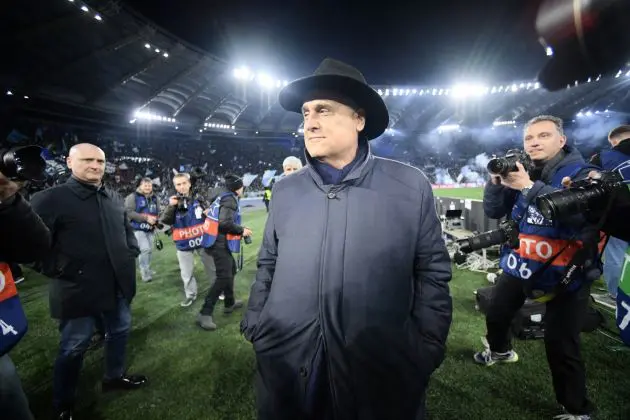 Claudio Lotito owner and president of S.S Lazio poses for photographers at the end of the UEFA Champions League last 16 first leg between Lazio and Bayern Munich at the Olympic stadium on February 14, 2024 in Rome. Lazio won 1-0. (Photo by Filippo MONTEFORTE / AFP) (Photo by FILIPPO MONTEFORTE/AFP via Getty Images)