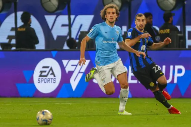 Lazio Midfielder Matteo Guendouzi vies for the ball with Inter midfielder Henrikh Mkhitaryan during the Italian Super Cup semi-final football match between Inter and Lazio at Al-Awwal Park Stadium in Riyadh, on January 19, 2024. (Photo by Fayez NURELDINE / AFP) (Photo by FAYEZ NURELDINE/AFP via Getty Images)