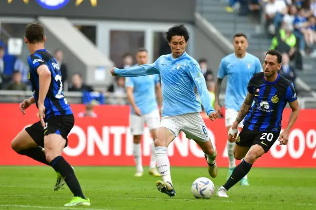 MILAN, ITALY - MAY 19: Daichi Kamada of SS Lazio scores a opening goal during the Serie A TIM match between FC Internazionale and SS Lazio at Stadio Giuseppe Meazza on May 19, 2024 in Milan, Italy. (Photo by Marco Rosi - SS Lazio/Getty Images)