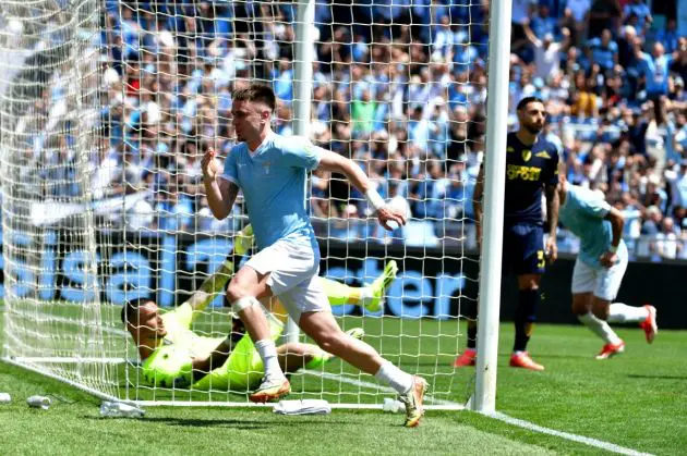 ROME, ITALY - MAY 12: Patric of SS Lazio celebrates a opening goal during the Serie A TIM match between SS Lazio and Empoli FC at Stadio Olimpico on May 12, 2024 in Rome, Italy. (Photo by Marco Rosi - SS Lazio/Getty Images)