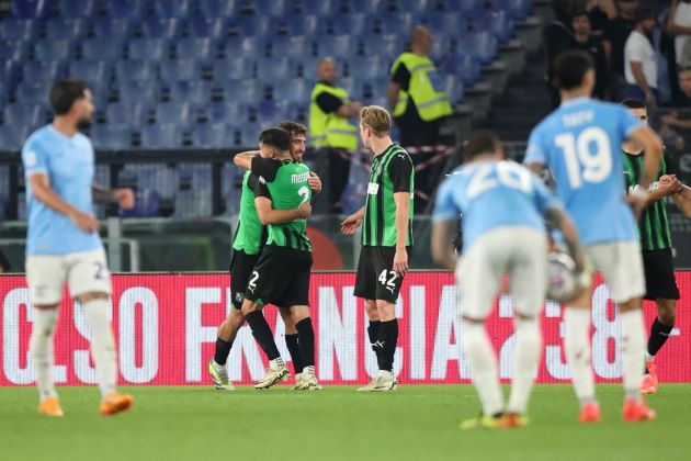 ROME, ITALY - MAY 26: Mattia Viti of US Sassuolo celebrates scoring his team's first goal with teammates during the Serie A TIM match between SS Lazio and US Sassuolo at Stadio Olimpico on May 26, 2024 in Rome, Italy. (Photo by Paolo Bruno/Getty Images)