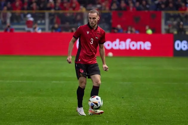 PARMA, ITALY - MARCH 22: Mario Mitaj of Albania in action during the international friendly match between Albania and Chile at Stadio Ennio Tardini on March 22, 2024 in Parma, Italy. (Photo by Emmanuele Ciancaglini/Getty Images)