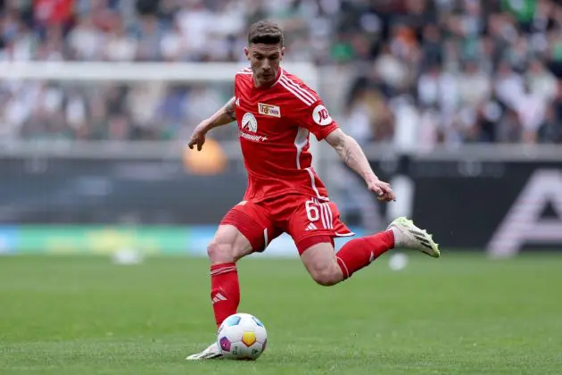 MOENCHENGLADBACH, GERMANY - APRIL 28: Robin Gosens of Berlin runs with the ball during the Bundesliga match between Borussia Mönchengladbach and 1. FC Union Berlin at Borussia Park Stadium on April 28, 2024 in Moenchengladbach, Germany. (Photo by Lars Baron/Getty Images) (Photo by Lars Baron/Getty Images)