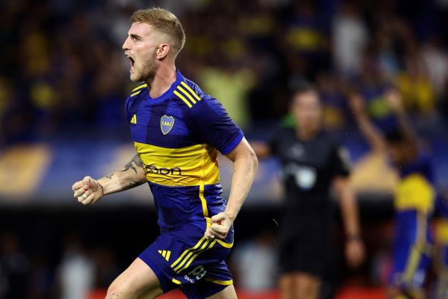 Boca Juniors defender Nicolas Valentini celebrates after scoring his team's fourth goal during the Argentine Professional Football League Cup 2024 match between Boca Juniors and Racing Club at La Bombonera stadium in Buenos Aires on March 10, 2024. (Photo by ALEJANDRO PAGNI / AFP) (Photo by ALEJANDRO PAGNI/AFP via Getty Images)