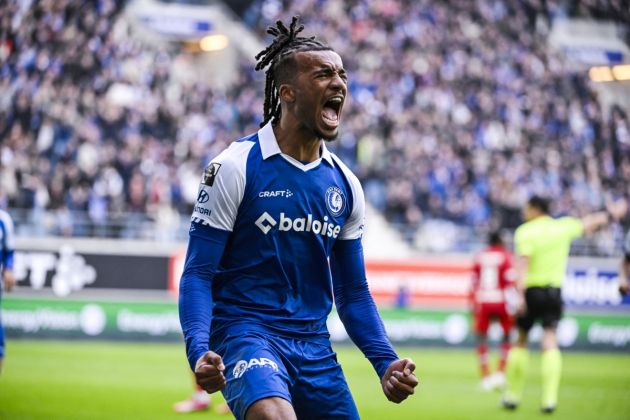 Gent defender and Lazio linked Archie Brown celebrates after scoring a goal during the Belgian "Pro League" First Division football match between KAA Gent and Royal Antwerp FC at the Ghelamco Arena in Ghent on February 25, 2024. (Photo by Tom Goyvaerts / BELGA / AFP) / Belgium OUT (Photo by TOM GOYVAERTS/BELGA/AFP via Getty Images)