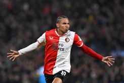 Feyenoord talent Calvin Stengs celebrates after scoring during the UEFA Champions League Group E football match between Feyenoord and Celtic FC at the Feyenoord Stadium in Rotterdam, on September 19, 2023. (Photo by JOHN THYS / AFP) (Photo by JOHN THYS/AFP via Getty Images)