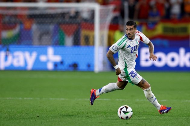Italy forward Mattia Zaccagni runs with the ball during the UEFA Euro 2024 Group B football match between Spain and Italy at the Arena AufSchalke in Gelsenkirchen on June 20, 2024. (Photo by KENZO TRIBOUILLARD / AFP) (Photo by KENZO TRIBOUILLARD/AFP via Getty Images)