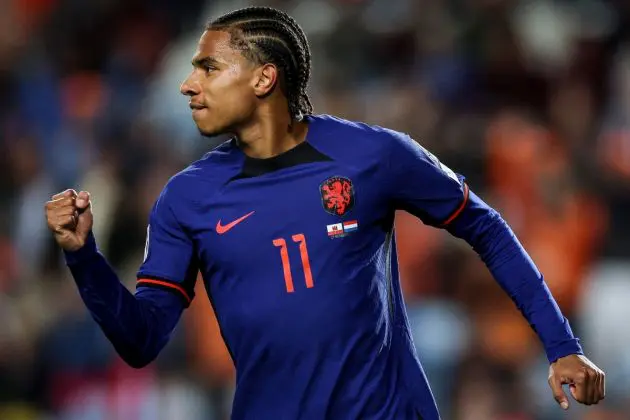 Netherlands forward Calvin Stengs celebrates after scoring his team's first goal during the UEFA Euro 2024 Group B qualifying football match between Gibraltar and Netherlands at the Algarve stadium in Faro, Algarve on November 21, 2023. (Photo by PATRICIA DE MELO MOREIRA / AFP) (Photo by PATRICIA DE MELO MOREIRA/AFP via Getty Images)