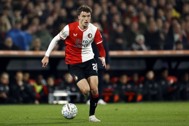 Feyenoord midfielder Mats Wieffer controls the ball during the quarterfinal football match of the KNVB Cup between Feyenoord and AZ Alkmaar at the Feyenoord Stadium de Kuip in Rotterdam on February 7, 2024. (Photo by MAURICE VAN STEEN / ANP / AFP) / Netherlands OUT (Photo by MAURICE VAN STEEN/ANP/AFP via Getty Images)