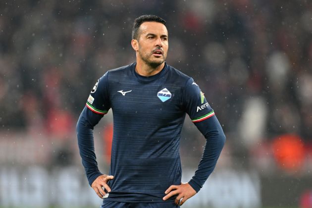 MUNICH, GERMANY - MARCH 05: Pedro of SS Lazio looks dejected after the team's defeat in the UEFA Champions League 2023/24 round of 16 second leg match between FC Bayern München and SS Lazio at Allianz Arena on March 05, 2024 in Munich, Germany. (Photo by Christian Kaspar-Bartke/Getty Images)