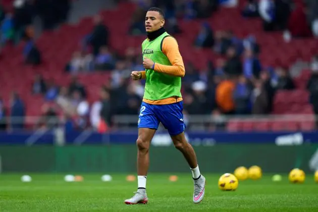 MADRID, SPAIN - JANUARY 02: Mason Greenwood of Getafe CF warms up prior to the LaLiga EA Sports match between Getafe CF and Rayo Vallecano at Civitas Metropolitano Stadium on January 02, 2024 in Madrid, Spain. The match is being played at Civitas Metropolitano Stadium following a ruling against Getafe regarding a pitch invasion that occured in 2017. (Photo by Angel Martinez/Getty Images)