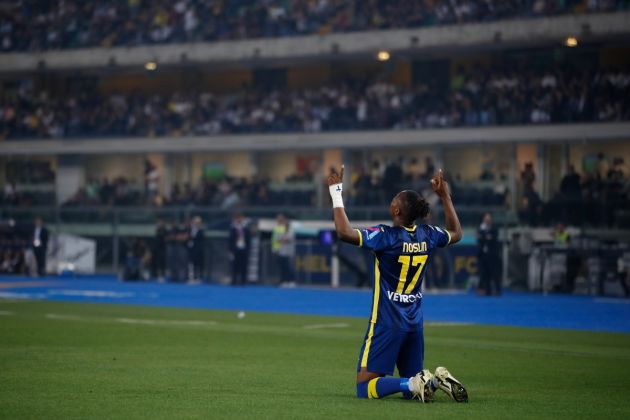 VERONA, ITALY - MAY 26: Lazio target Tijjani Noslin of Verona celebrates scoring a goal during the Serie A TIM match between Hellas Verona FC and FC Internazionale at Stadio Marcantonio Bentegodi on May 26, 2024 in Verona, Italy. (Photo by Timothy Rogers/Getty Images)