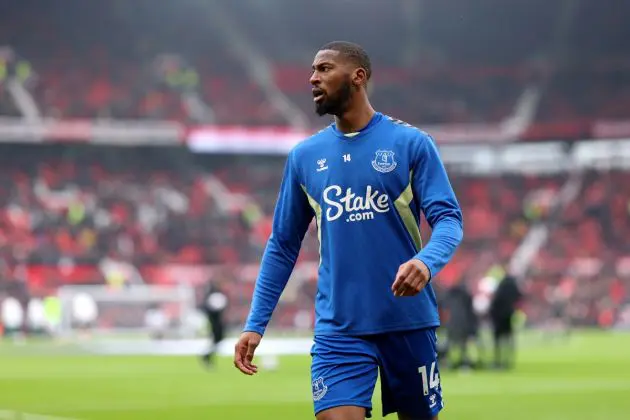 MANCHESTER, ENGLAND - MARCH 09: Beto of Everton looks on prior to the Premier League match between Manchester United and Everton FC at Old Trafford on March 09, 2024 in Manchester, England. (Photo by Alex Livesey/Getty Images)