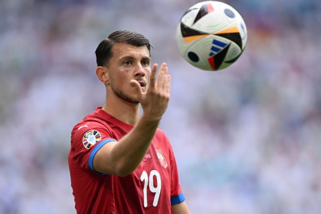 MUNICH, GERMANY - JUNE 20: Lazio linked Lazar Samardzic of Serbia gestures during the UEFA EURO 2024 group stage match between Slovenia and Serbia at Munich Football Arena on June 20, 2024 in Munich, Germany. (Photo by Clive Mason/Getty Images)