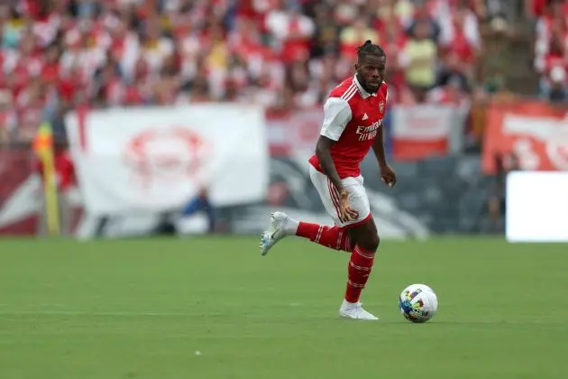 BALTIMORE, MARYLAND - JULY 16: Nuno Tavares #20 of Arsenal in action during a preseason friendly against the Everton at M&T Bank Stadium on July 16, 2022 in Baltimore, Maryland. (Photo by Rob Carr/Getty Images)