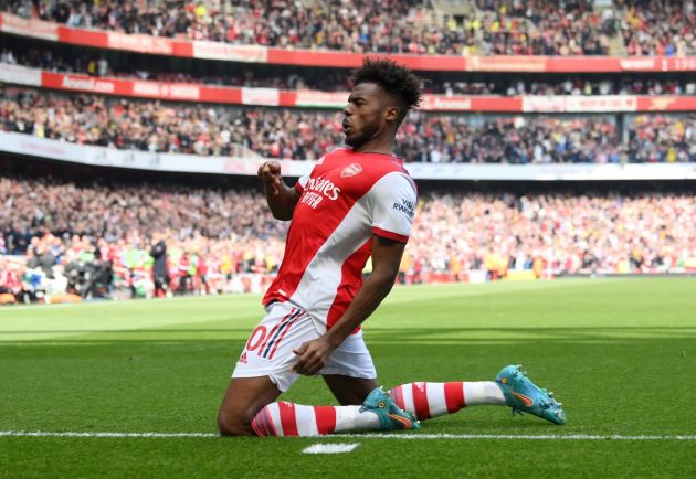 LONDON, ENGLAND - APRIL 23: Nuno Tavares of Arsenal celebrates after scoring their side's first goal during the Premier League match between Arsenal and Manchester United at Emirates Stadium on April 23, 2022 in London, England. (Photo by Mike Hewitt/Getty Images)