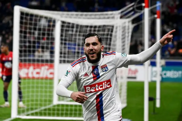 Lyon midfielder Rayan Cherki celebrates scoring his team's first goal during the French Cup round of 16 football match between Olympique Lyonnais (OL) and Lille OSC (LOSC) at the Groupama Stadium in Decines-Charpieu, central-eastern France, on February 8, 2023. (Photo by OLIVIER CHASSIGNOLE / AFP) (Photo by OLIVIER CHASSIGNOLE/AFP via Getty Images)