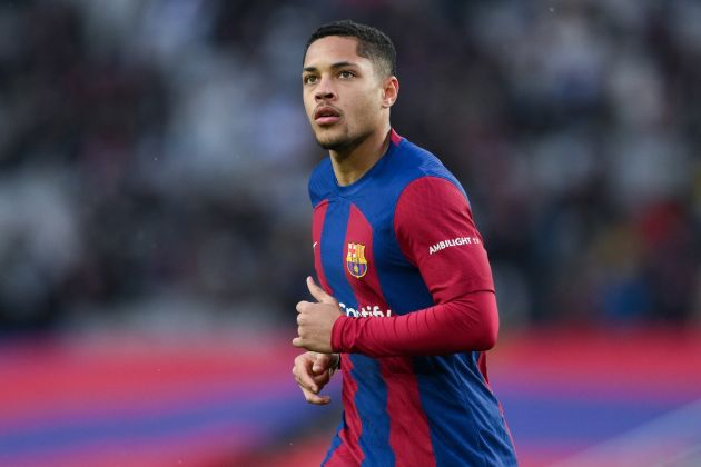 BARCELONA, SPAIN - FEBRUARY 24: Vitor Roque of FC Barcelona looks on during the LaLiga EA Sports match between FC Barcelona and Getafe CF at Estadi Olimpic Lluis Companys on February 24, 2024 in Barcelona, Spain. (Photo by David Ramos/Getty Images)