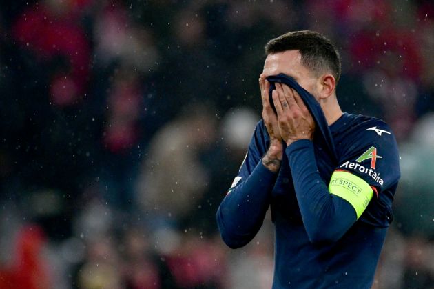 MUNICH, GERMANY - MARCH 05: Danilo Cataldi of SS Lazio reacts after the UEFA Champions League 2023/24 round of 16 second leg match between FC Bayern München and SS Lazio at Allianz Arena on March 05, 2024 in Munich, Germany. (Photo by Marco Rosi - SS Lazio/Getty Images)