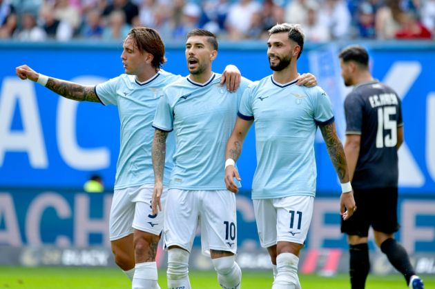 ROSTOCK, GERMANY - JULY 27: Valentin Castellanos of SS Lazio celebrates a second goal with his team mates during the match between Hansa Rostock v SS Lazio - Pre-season friendly at Ostseestadion stadium on July 27, 2024 in Rostock, Germany. (Photo by Marco Rosi - SS Lazio/Getty Images)