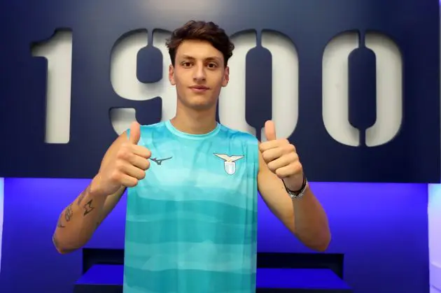 ROME, ITALY - JULY 09: Romano Floriani Mussolini of SS Lazio poses during the medical test at Formello sport centre on July 09, 2023 in Rome, Italy. (Photo by Paolo Bruno/Getty Images)