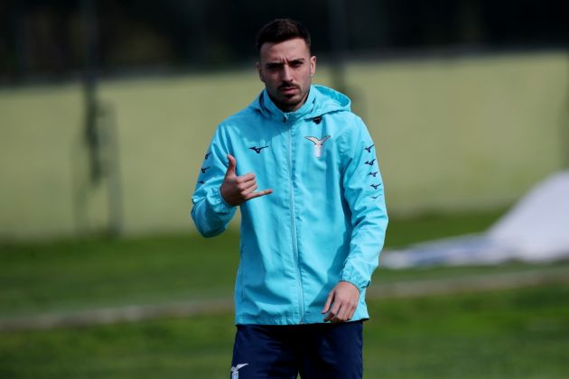 ROME, ITALY - MARCH 04: Mario Gila reacts during SS Lazio training session and press conference before the UEFA Champions League match against FC Bayern München at Formello sport centre on March 04, 2024 in Rome, Italy. (Photo by Paolo Bruno/Getty Images)