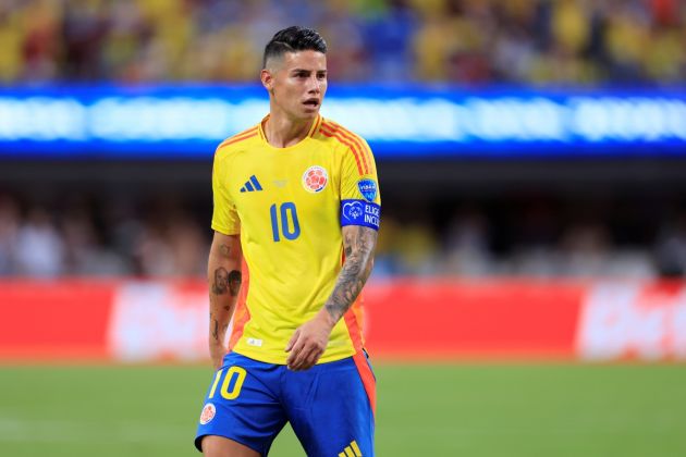 CHARLOTTE, NORTH CAROLINA - JULY 10: James Rodriguez of Colombia gestures during the CONMEBOL Copa America 2024 semifinal match between Uruguay and Colombia at Bank of America Stadium on July 10, 2024 in Charlotte, North Carolina. (Photo by Buda Mendes/Getty Images)