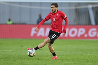 Kvaratskhelia celebrates a goal for Napoli