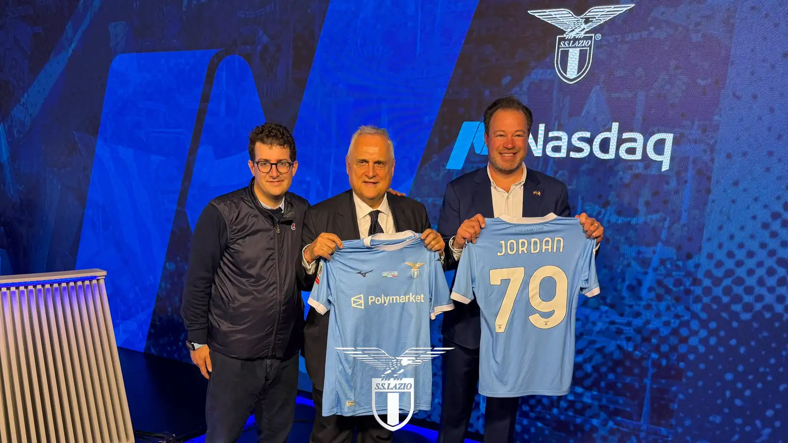 Lazio president Claudio Lotito with Enrico Lotito and Nasdaq director Jordan Saxe